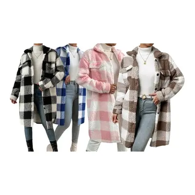 Women'sPlaid Teddy Long Sleeved Coat, Black,M