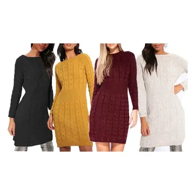 Cable Knit Jumper Ribbed Waist Dress, Stone,S-M