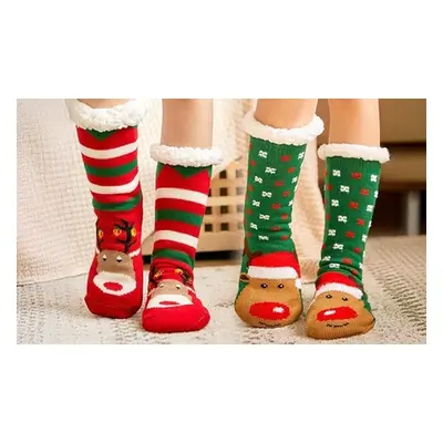 Warm Winter Lined Christmas Slipper Socks, Reindeers,Green-Red