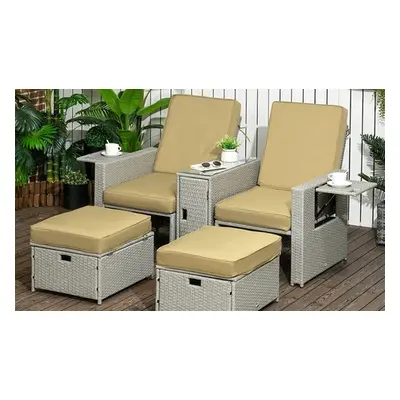 Outsunny Rattan-Effect Recliner Sofa with Side Table and Footstools, Beige