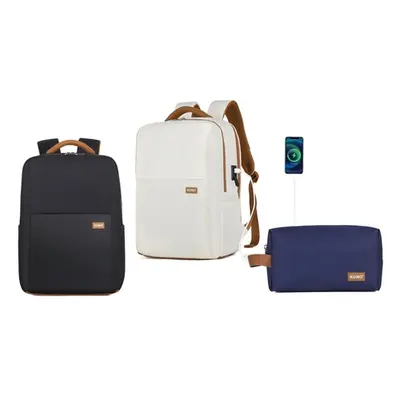 Water-Resistant Laptop Backpack With USB Charging, Navy and Brown