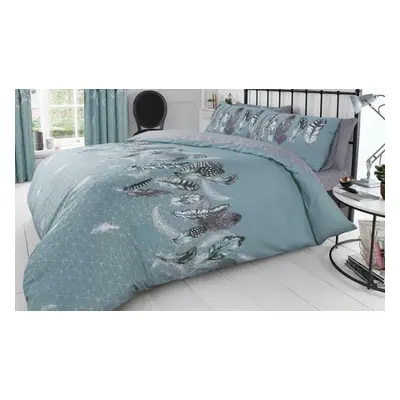 Feathers Printed Polycotton Duvet and Pillowcase Set,Double,Navy