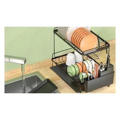 Black 2-Tier Dish Drying Rack with Drain Trays and Utensil Holder