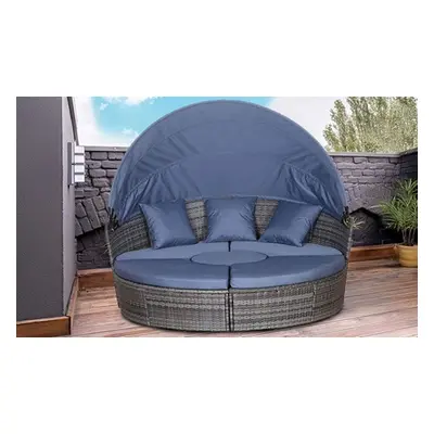 Outsunny Hybrid Rattan Effect Loungers, Round Bed Set Grey with Blue cushion