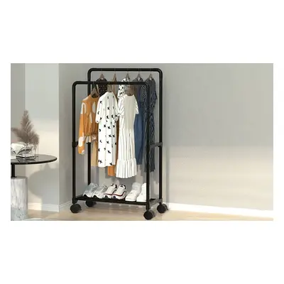 Black Double Rod Metal Clothes Rack on Wheels