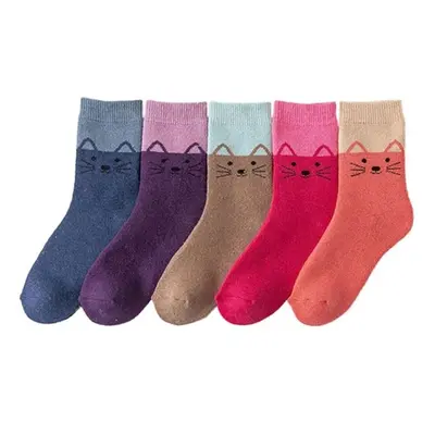 Cat Print Woolen Socks, Five Pairs Mixed Colours