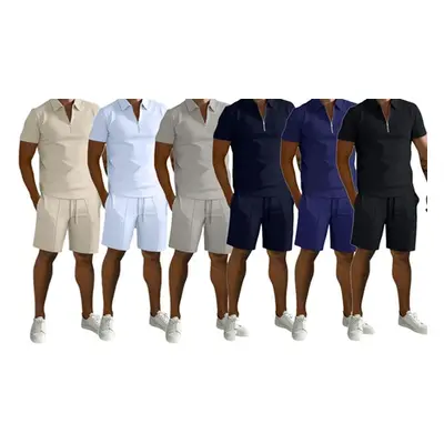 Men’s Two-Piece Polo T-shirt and Shorts Coord Loungewear, white,3XL