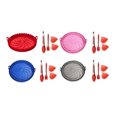 Five-Piece Foldable Silicone Air Fryer Liner and Utensils Set, L,Red