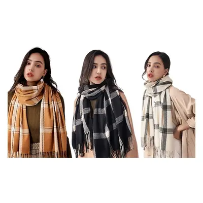 Soft Winter Checked Scarves, Beige + Black,Two