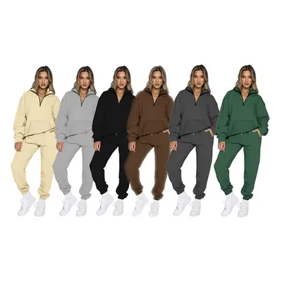 Women Two-Piece Hooded Half Zip Sweatshirt Tracksuit Set, Coffee,UK12