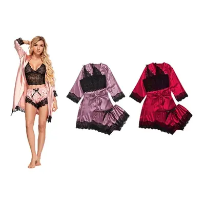 Lace Three-Piece Satin Robe and Pajama Set, Pink,UK 14-16