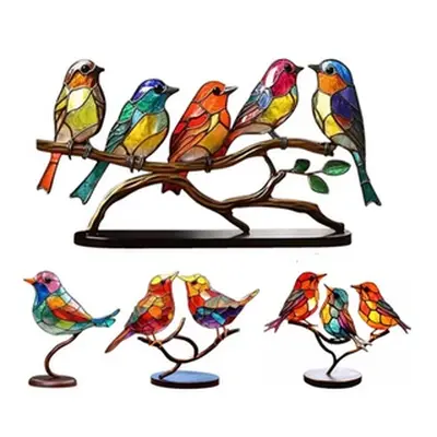 Stained Glass Birds on a Metal Branch Ornament, Five Birds