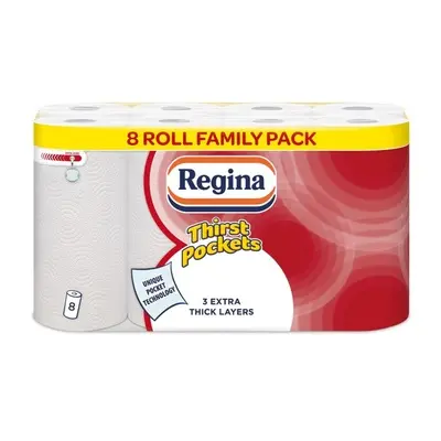 Pack of Eight Three Ply Regina Thirst Pockets Paper Towel Rolls , Three