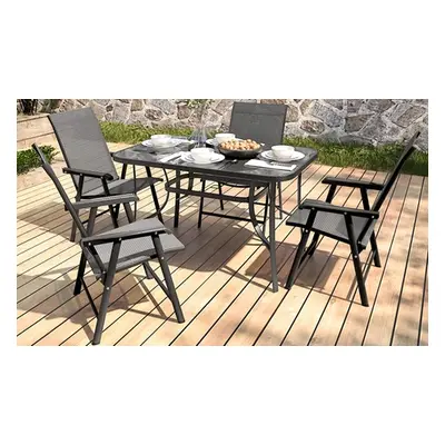 Set of Five Garden Rectangle Glass Umbrella Table and Folding Chairs Set