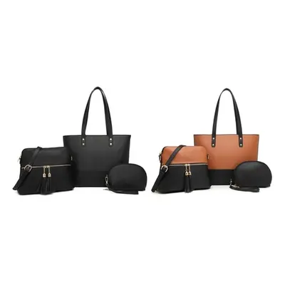 Three-Piece Leather-Look Tote Bag Set, Black-Beige