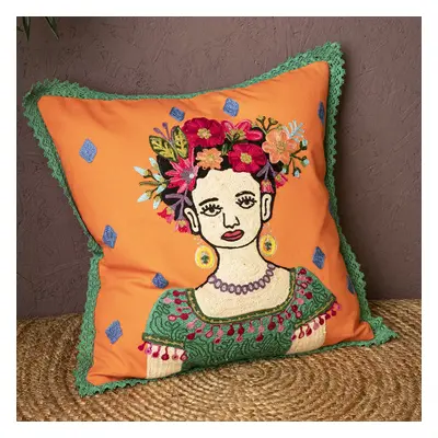 Ian Snow Orange Embroidered Lady in Jade Dress Cushion Cover