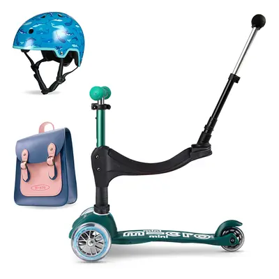 Micro Eco 3in1 Scooter & Helmet - Green with Navy & Pink Satchel