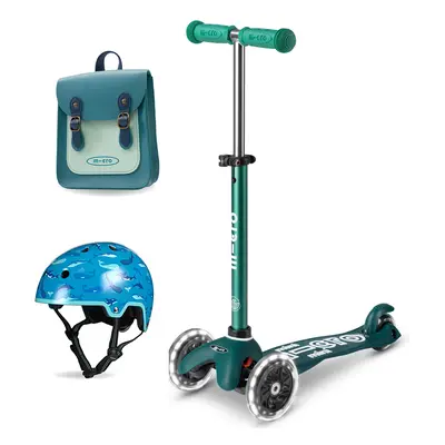 Micro Eco Mini Deluxe Scooter & Helmet - Green with Aqua & Teal Satchel