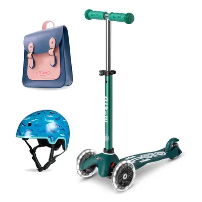 Micro Eco Mini Deluxe Scooter & Helmet - Green with Navy & Pink Satchel