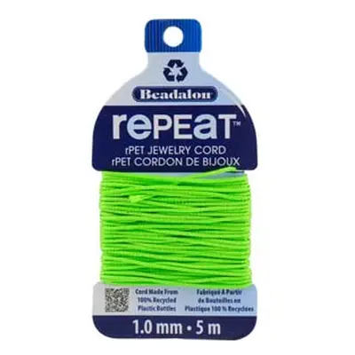 Beadalon rePEaT 100% Recycled Braided Cord, 8 Strand, 1mm X 5m, Lime Green