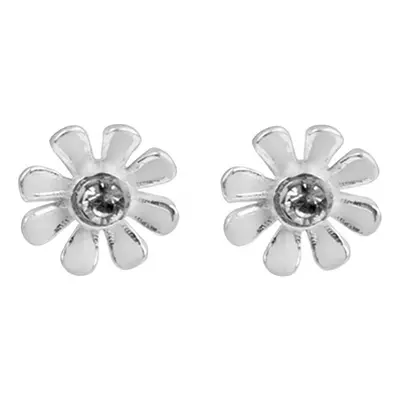 Sterling Silver Earrings Cubic Zirconia White Enamel Flower Stud