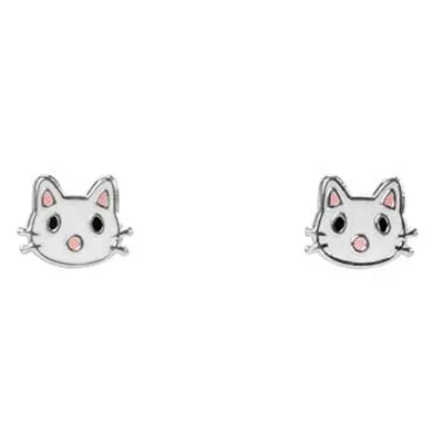 Sterling Silver White Cat Design Stud Earrings