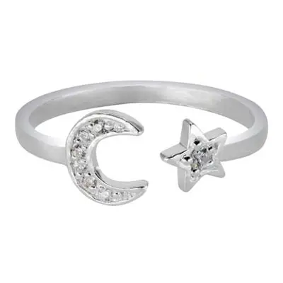 Sterling Silver Cubic Zirconia Moon And Star Design Adjustable Ring