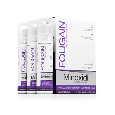 FOLIGAIN MINOXIDIL 2% HAIR REGROWTH FOAM For Women Three x 60 ML (2.0 FL OZ) Bottles 3 Month Sup