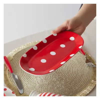 Karaca Polka Dot Porcelain Serving Platter, 26cm, Red Multi