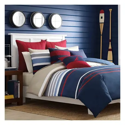 Nautica Bradford 100% Turkish Cotton Duvet Cover Set, Single, 140cmx200cm, Navy Blue Multi