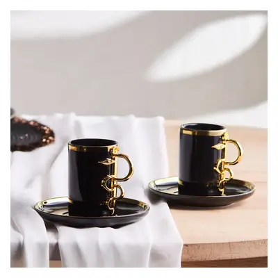 Karaca Şahmeran 4-Piece Porcelain Espresso Turkish Coffee Cup Set for People, 100ml, Black Gold