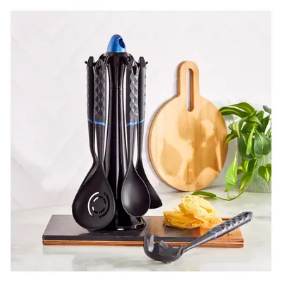 Karaca Diamond Piece Kitchen Utensil Set with Stand, Black Blue