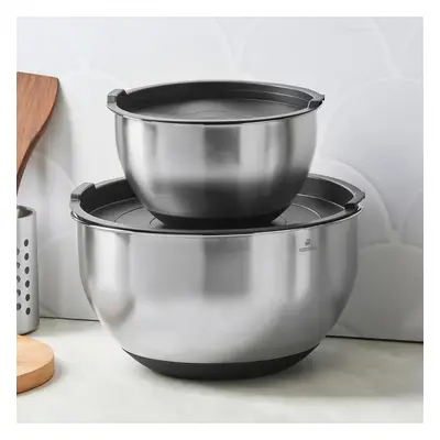 Karaca Piece Stainless Steel Mixing Bowl Set with Lid, Silver Black