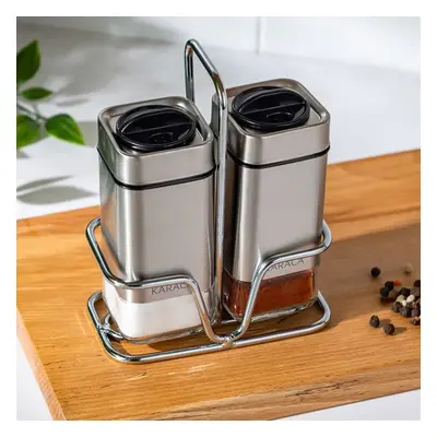 Karaca Avangart Piece Glass Salt and Pepper Shaker with Stand, 100ml, Inox Transparent