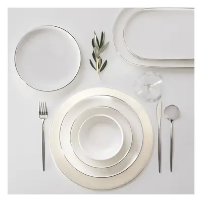 Karaca Streamline Gracio 59-Piece New Generation Bone China Dinner Set for People, White Platinu