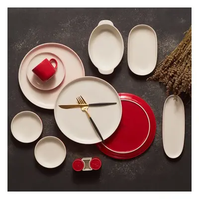 Karaca Nordic Red 27-Piece Porcelain Serveware Set for People, Red Cream