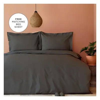 Karaca Home Back To Back 100% Turkish Cotton Duvet Cover Set with Bed Sheet, Double, Anthracite