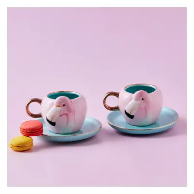 Karaca Flamingo Piece Porcelain Espresso Turkish Coffee Cup Set for People, 90ml, Pink Multi