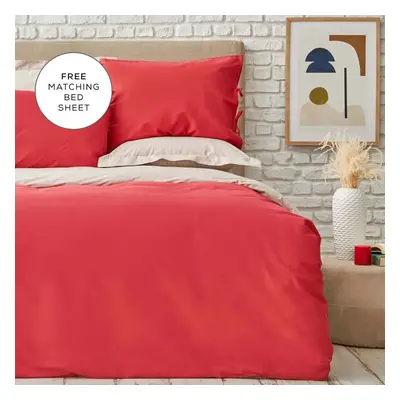 Karaca Home Basic 100% Turkish Cotton Duvet Cover Set with Bed Sheet, Double, Red Beige