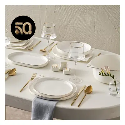 Karaca 50th Anniversary Collection Streamline 59-Piece Bone China Dinner Set for People, White G