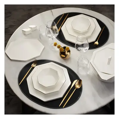 Karaca Fine Pearl Extra Eight Corner 62-Piece Dinner Set for People, White Gold