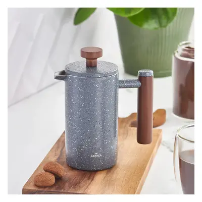 Karaca Stainless Steel Double Wall Marble French Press with Chestnut Handle, 350ml, Dark Grey