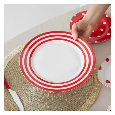 Karaca Polka Dot Porcelain Dinner Plate, 27cm, Red Multi