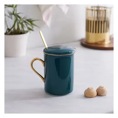 Karaca Pastel Porcelain Mug with Lid and Spoon, 350ml, Petrol Gold