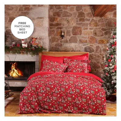 Karaca Home Despina 100% Turkish Cotton Flannel Duvet Cover Set with Bed Sheet, Double, Red Mult