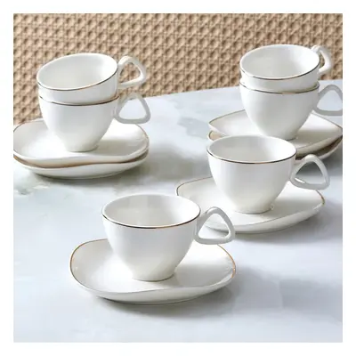 Karaca Middle Piece Porcelain Espresso Turkish Coffee Cup Set for People, 90ml, White Gold