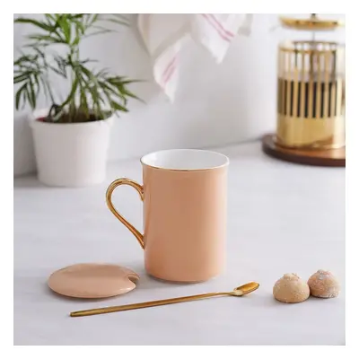 Karaca Pastel Porcelain Mug with Lid and Spoon, 350ml, Salmon Gold