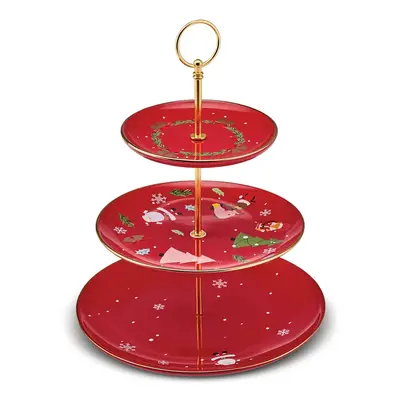 Karaca New Year Christmas New Generation Bone Golden Line 3-Tier Cake Stand, Red Multi