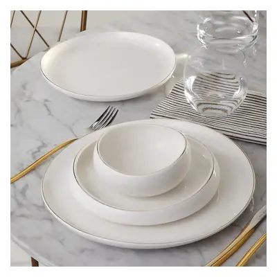 Karaca Streamline Hole 24-Piece Porcelain Dinner Set for People, White Gold