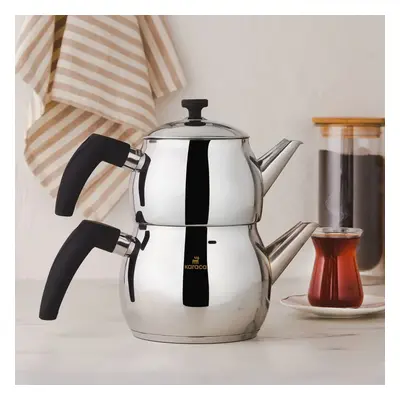 Karaca Alim Stainless Steel Teapot Set, Medium, Silver Black